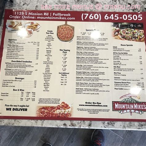 Specialties Mountain Mike's Pizza has been making Pizza the Way It Oughta Be for over 45 years, with fresh dough made daily, 100 whole milk mozzarella cheese, and a mountain of toppings that go all the way to the edge of every slice. . Mountain mikes pizza fortuna menu